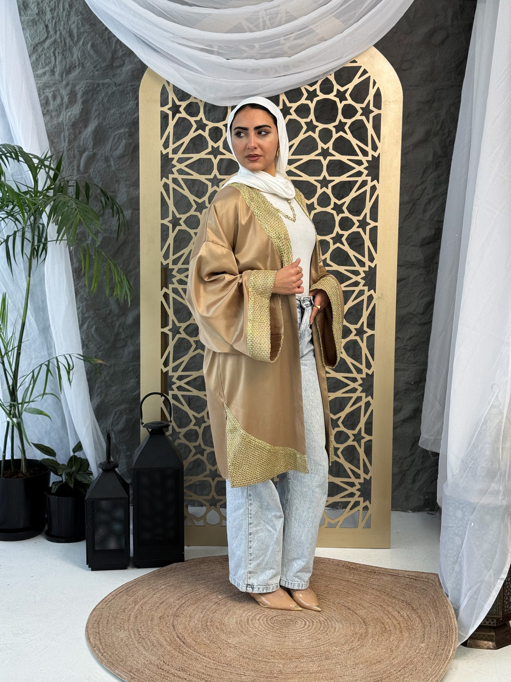 Soft Satin Cardigan with Gold Embroidery