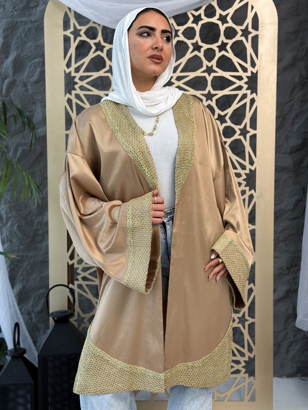 Soft Satin Cardigan with Gold Embroidery