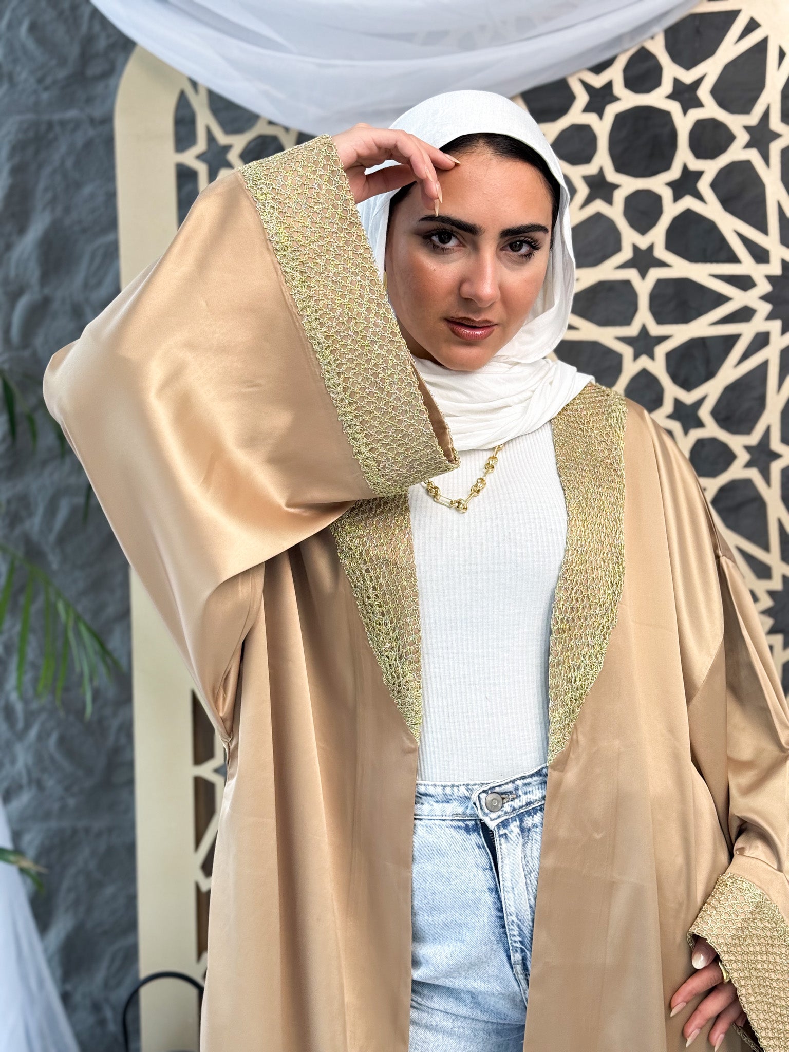Soft Satin Cardigan with Gold Embroidery