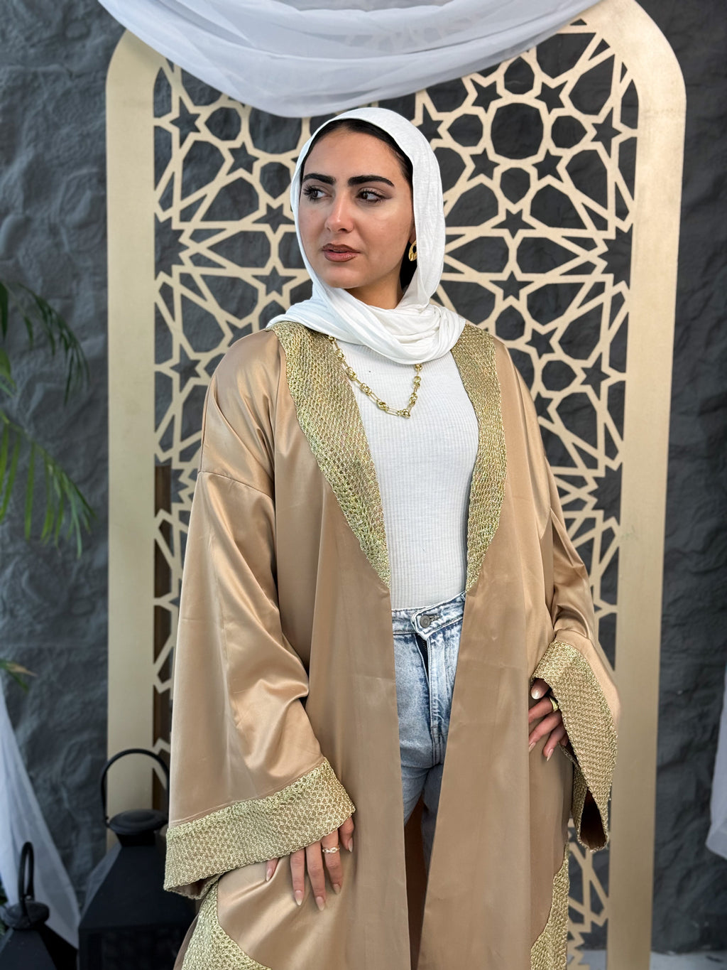 Soft Satin Cardigan with Gold Embroidery