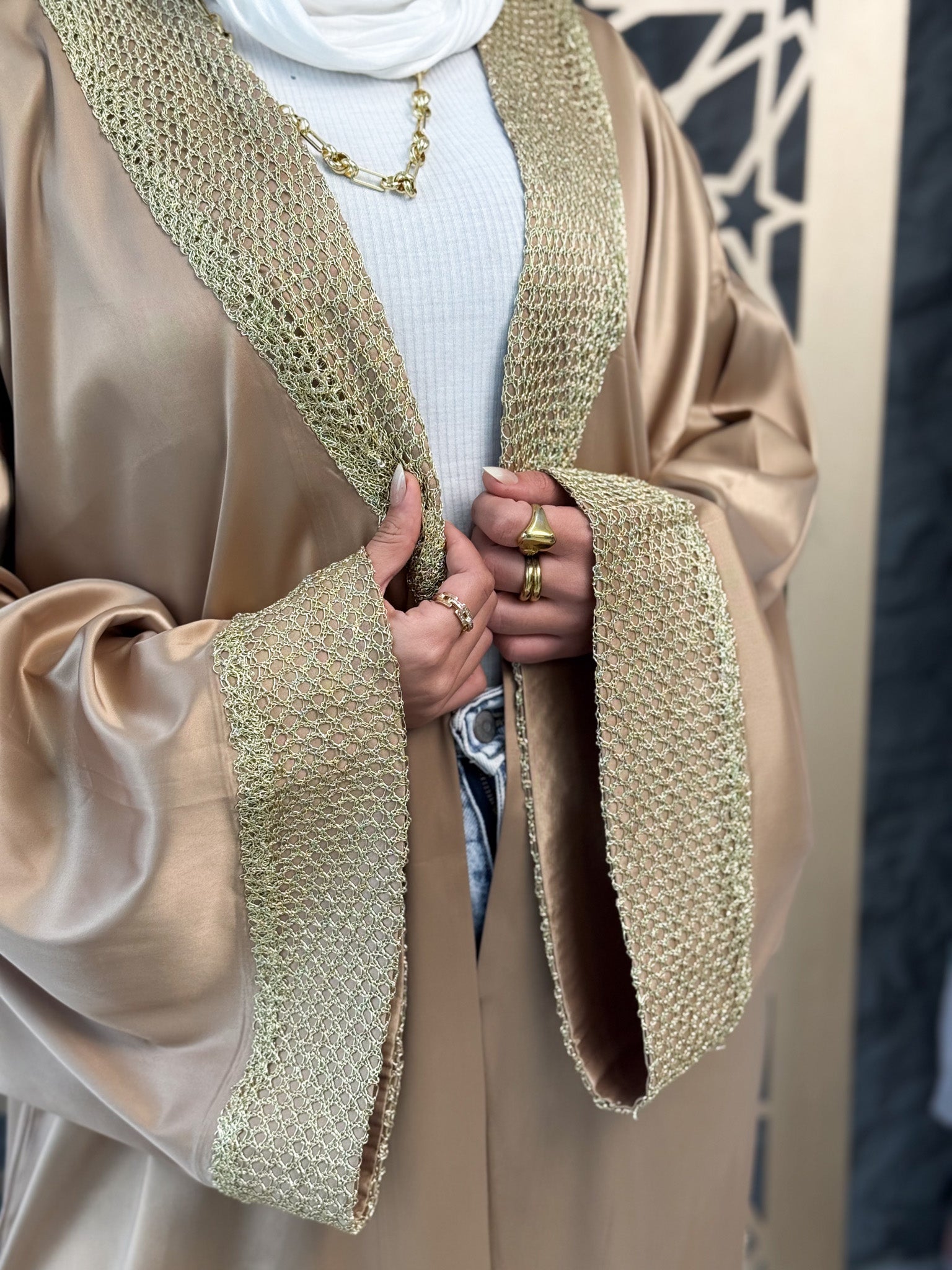 Soft Satin Cardigan with Gold Embroidery