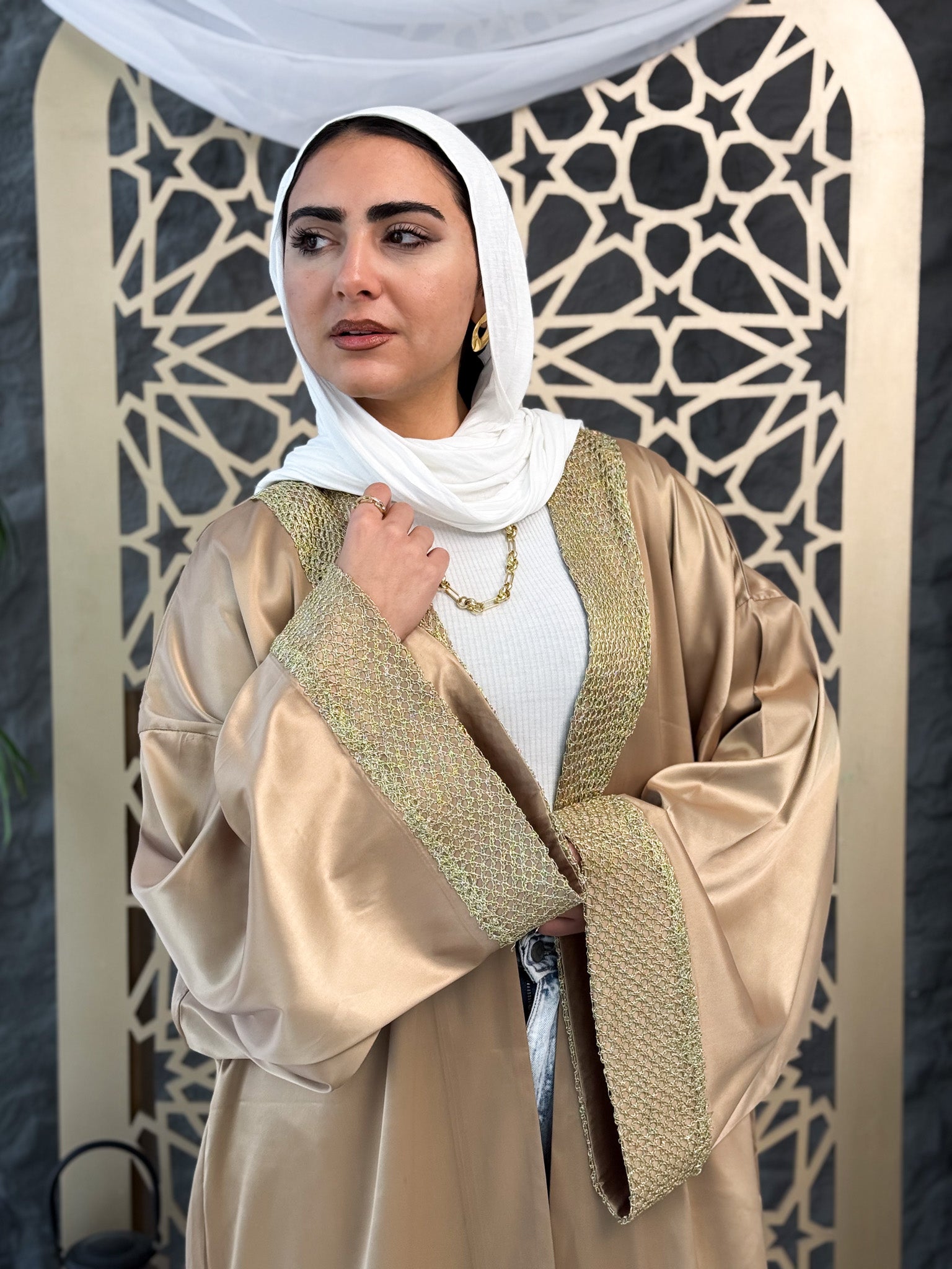 Soft Satin Cardigan with Gold Embroidery