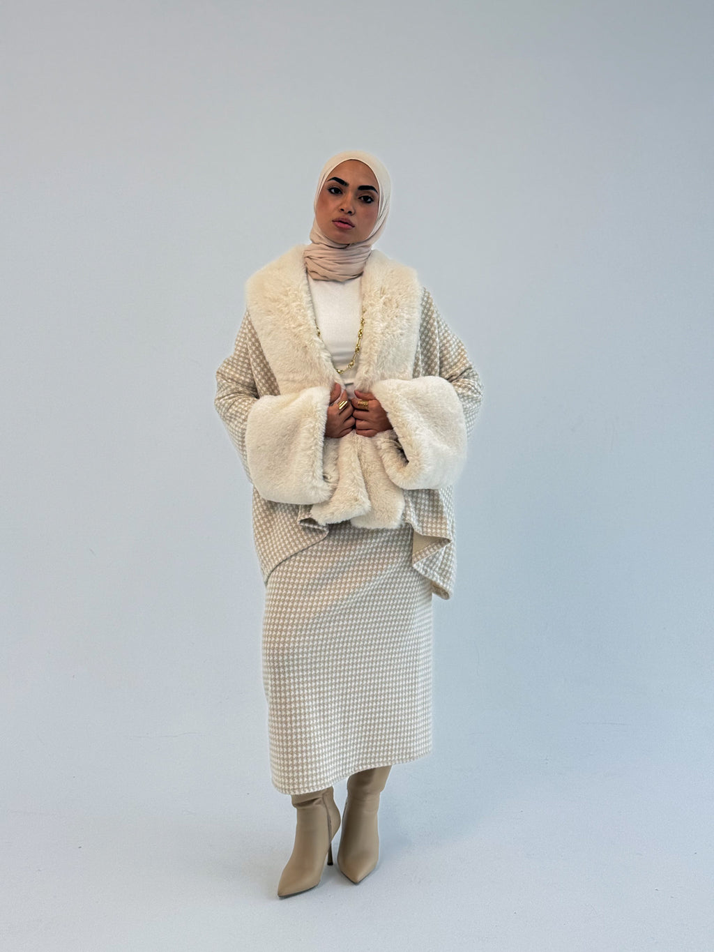 Checkered Mohair Dress With Fur Colar and Cuffs