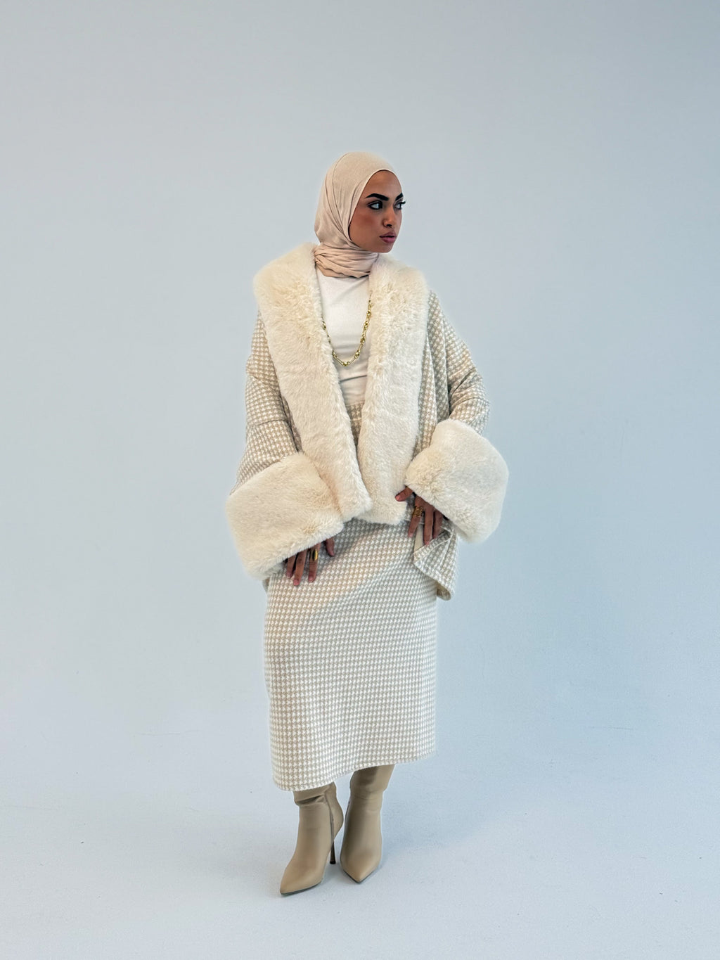 Checkered Mohair Dress With Fur Colar and Cuffs