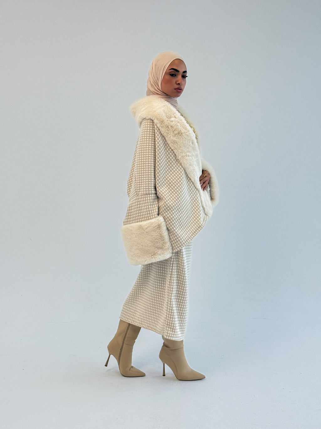 Checkered Mohair Dress With Fur Colar and Cuffs