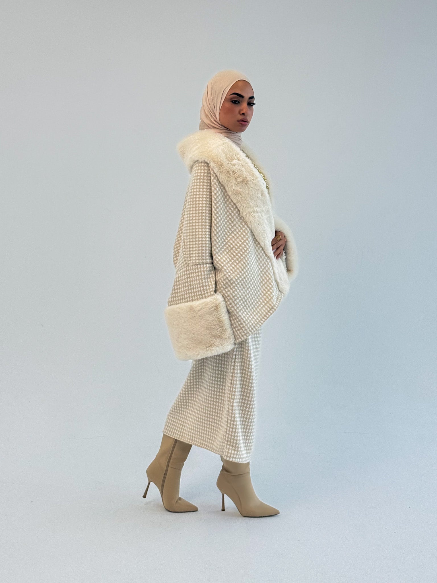 Checkered Mohair Dress With Fur Colar and Cuffs