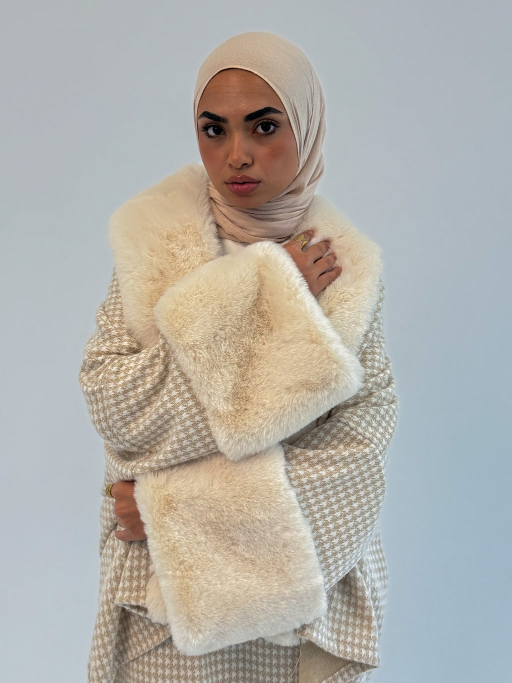 Checkered Mohair Dress With Fur Colar and Cuffs