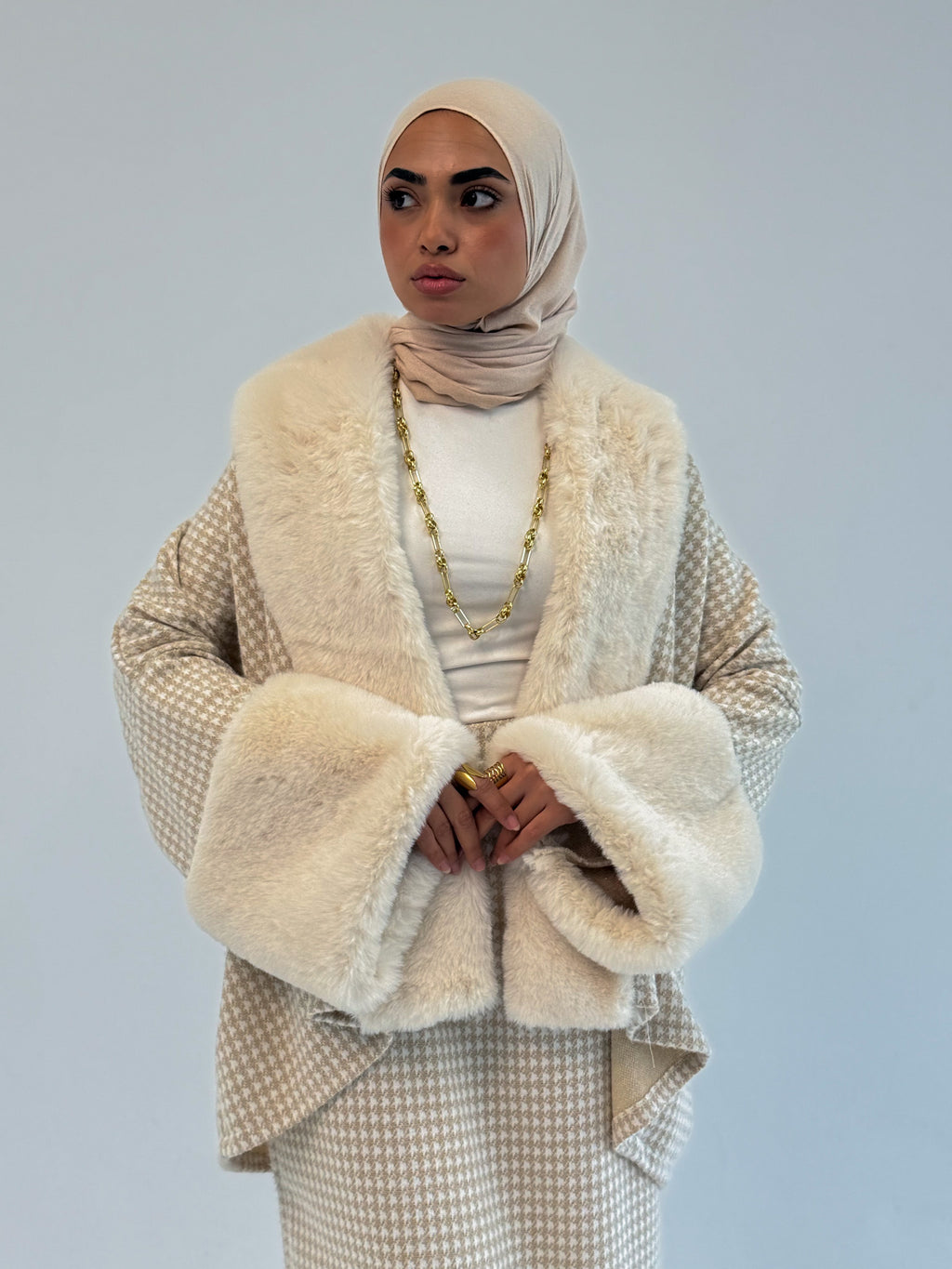 Checkered Mohair Dress With Fur Colar and Cuffs