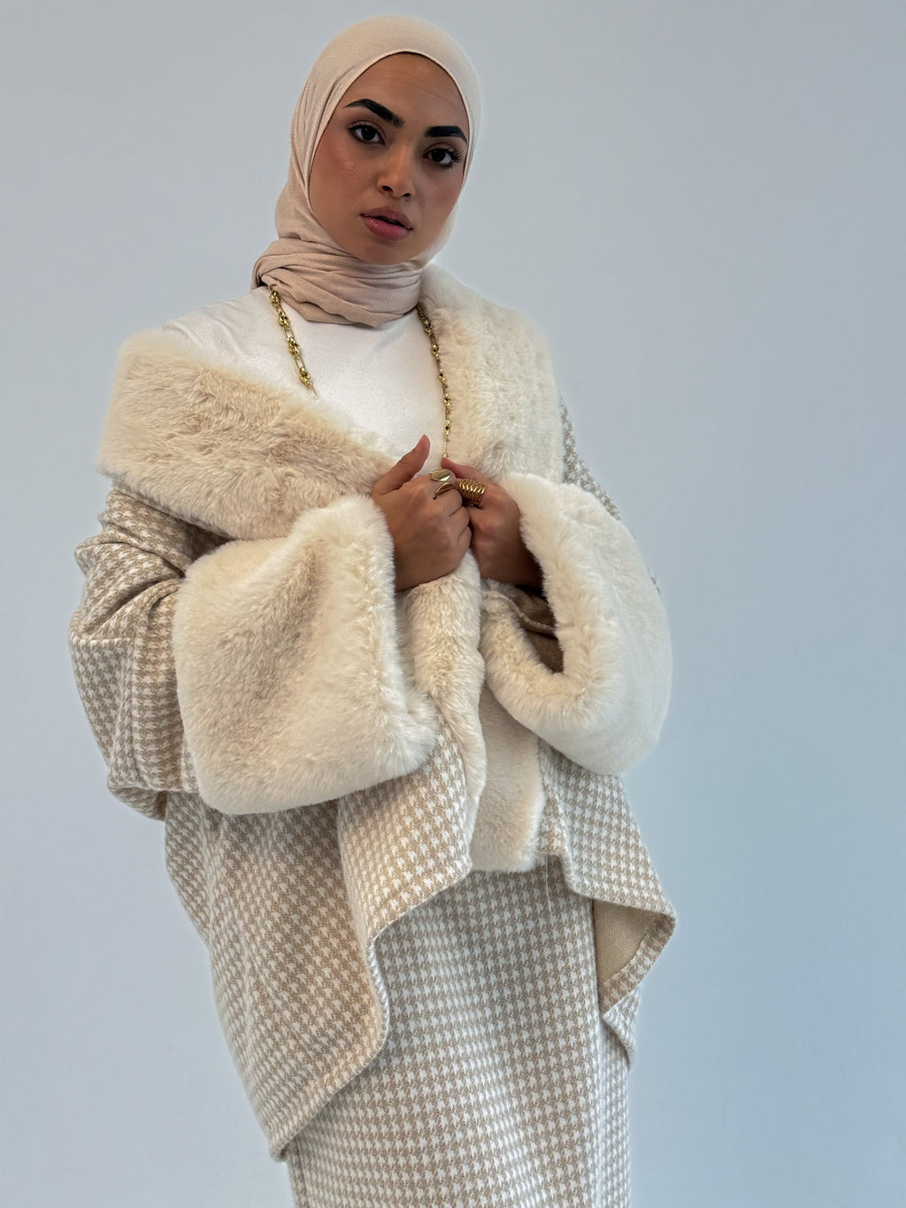 Checkered Mohair Dress With Fur Colar and Cuffs