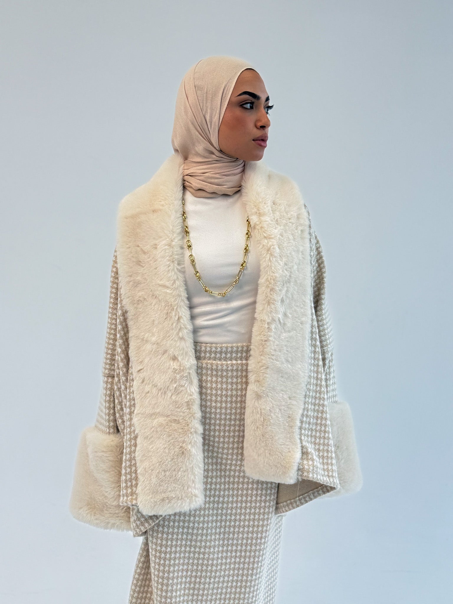 Checkered Mohair Dress With Fur Colar and Cuffs