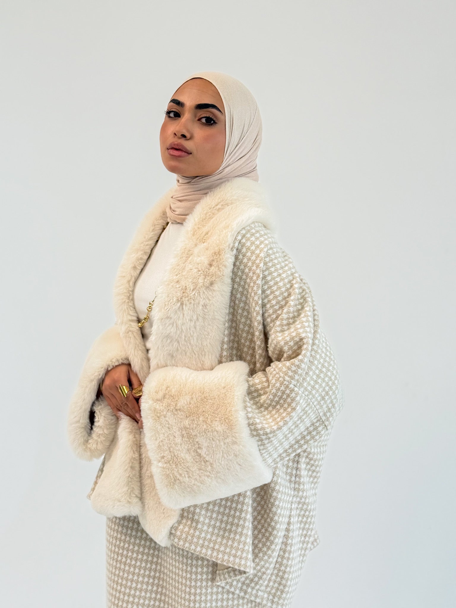 Checkered Mohair Dress With Fur Colar and Cuffs